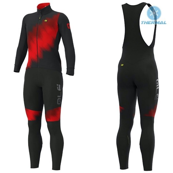 2019 ALE Pulse Zwart-Rood Thermal Fietskleding Set Wielershirts Lange Mouw+Lange Wielrenbroek Bib 465BZNS