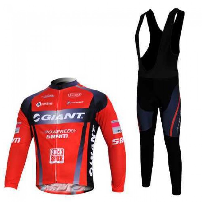 Giant Sram Pro Team Fietskleding Set Wielershirts Lange Mouw+Lange Fietsbroeken Bib Rood Zwart Giant Sram Pro Team Fietskleding Set Wielershirts Lange Mouw+Lange Fietsbroeken Bib Rood Zwart